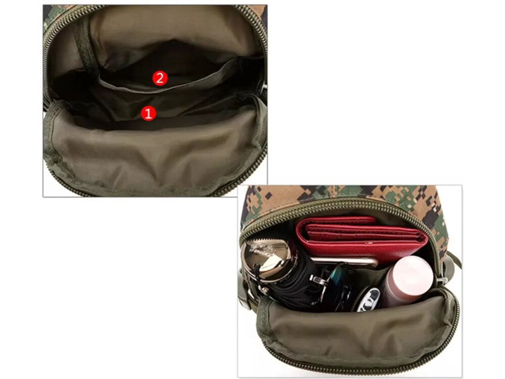 Saszetka EXTRALINK MIL-1119 Zielony białe tło dwa ujęcia na kieszenie jedna pojemna komora główna o pojemności 2 litrów dwie mniejsze kieszonki wewnątrz komory głównej zamykane na zamek błyskawiczny uporządkowanie wyposażenia i szybkie odnalezienie potrzebnych przedmiotów