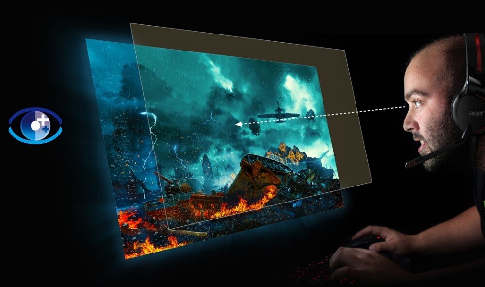 Monitor ACER Vero V247YEbmipxv Gracz w słuchawkach z mikrofonem patrzący na ekran, na którym wyświetlana jest scena z gry akcji. Obok znajduje się grafika przedstawiająca filtr chroniący wzrok