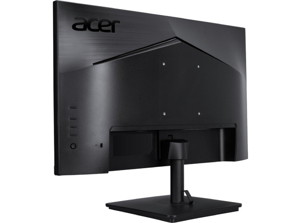 Monitor ACER Vero V247YEbmipxv Tył monitora Acer z czarną, matową obudową i charakterystycznym wzorem na górnej części. Widoczne są także przyciski sterujące i otwory montażowe VESA