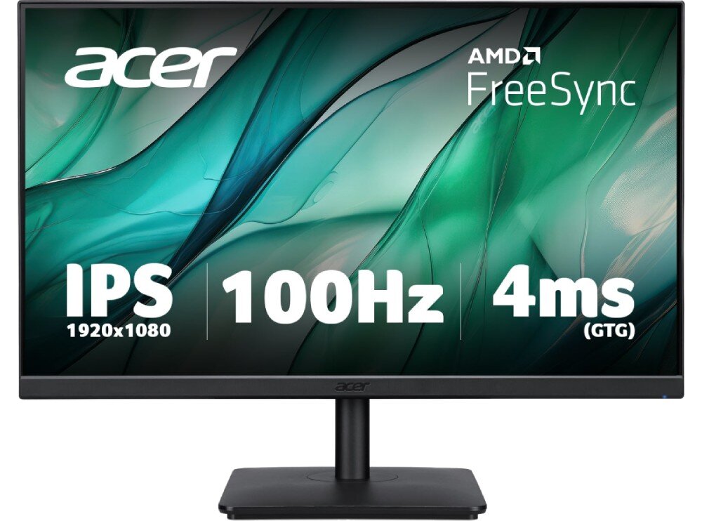 Monitor ACER Vero V247YEbmipxv Przód monitora Acer z oznaczeniami: IPS, 1920x1080, 100Hz oraz 4ms GTG. Na górze widnieją logotypy Acer i AMD FreeSync, a tło ekranu przedstawia zielone, abstrakcyjne wzory