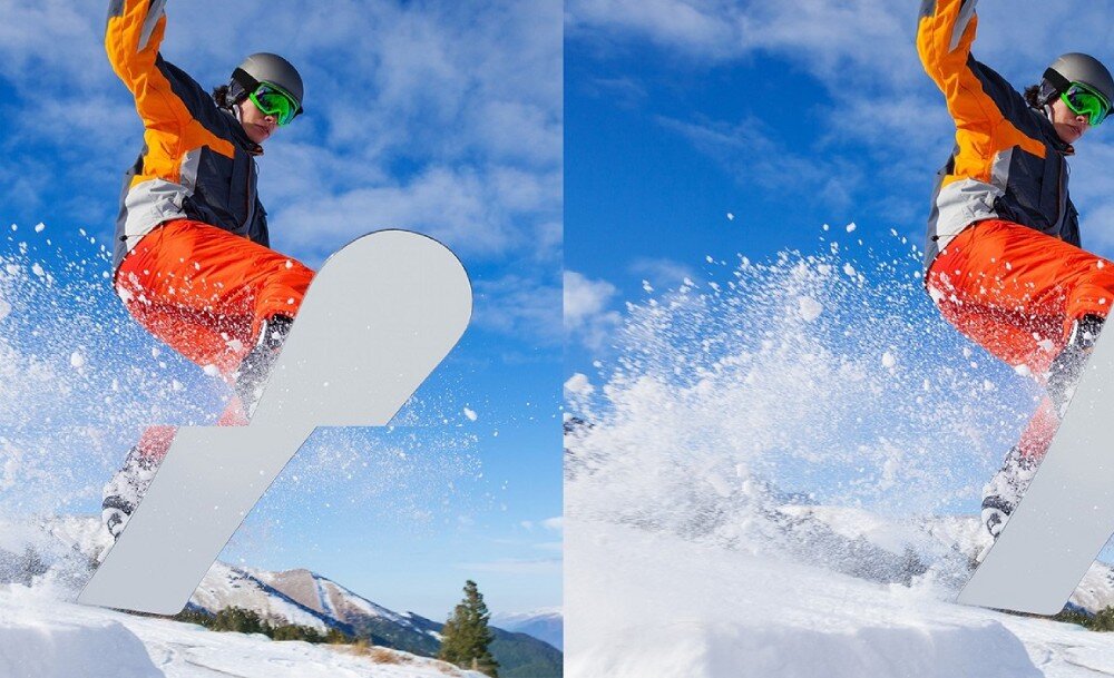 Monitor ACER Nitro VG243YEbii Porównanie dwóch obrazów snowboardzisty w locie na tle gór. Po lewej stronie widoczne niedoskonałości obrazu, po prawej obraz bez zakłóceń, synchronizacja, FreeSync