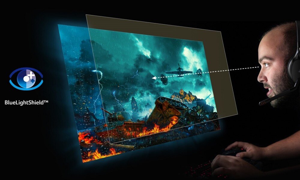 Monitor ACER Nitro VG243YEbii Osoba siedząca przed ekranem komputera, na którym wyświetlana jest scena gry z eksplozją i samolotami. Na ekranie nałożona jest grafika symbolizująca filtr niebieskiego światła BlueLightShield, ochrona wzroku, migotanie, niebieskie światło