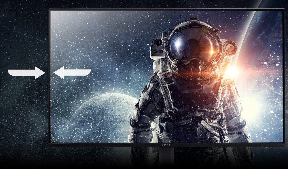Monitor ACER Nitro VG243YEbii Monitor z wyświetlonym astronautą na tle kosmosu. Po lewej i prawej stronie zaznaczone są strzałki wskazujące na cienkie ramki ekranu, ramki, regulacja nachylenia