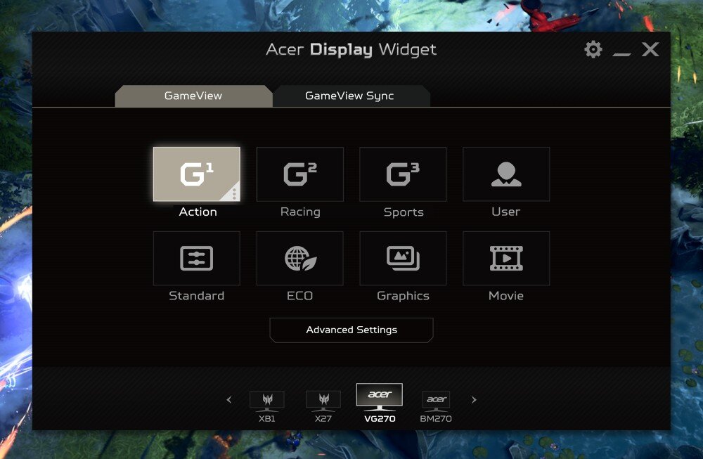 Monitor ACER Nitro VG243YEbii Zrzut ekranu interfejsu Acer Display Widget, pokazujący różne tryby wyświetlania, w tym „Action”, „Racing”, „Sports”, „User”, „Graphics” i „Movie”, porty, gniazda, oprogramowanie