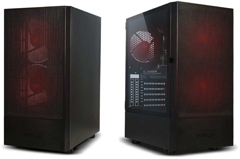 Komputer NTT Game Pro ZKG-I5H610K-TE02 dwa komputery stojące obok siebie pod kątem na białym tle wygląd opis