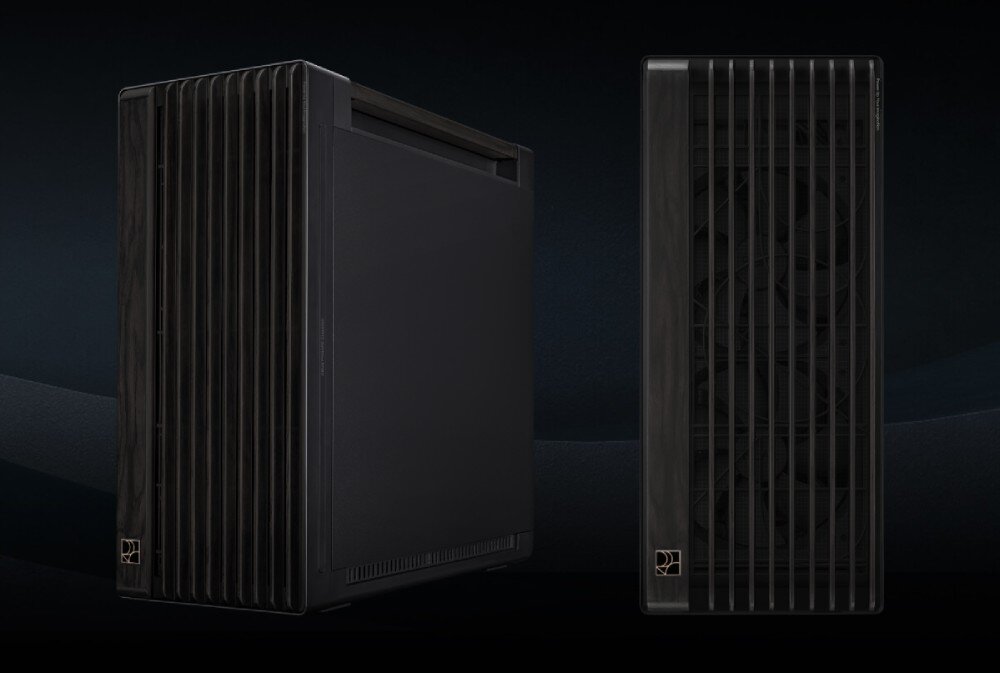 Obudowa ASUS ProArt PA602 Wood Edition Dwa ujęcia tej samej obudowy – jedno z boku, drugie z przodu, z widoczną siatką wentylacyjną i drewnianym wykończeniem, cechy, wygląd, drewniany panel, certyfikat, materiały