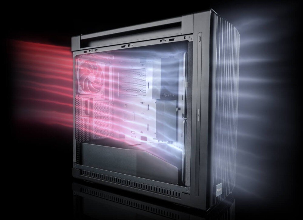 Obudowa ASUS ProArt PA602 Wood Edition Przekrój boczny obudowy z wizualizacją przepływu powietrza przez wentylatory z przodu i z tyłu, wentylacja, chłodzenie, wentylatory, deflektory