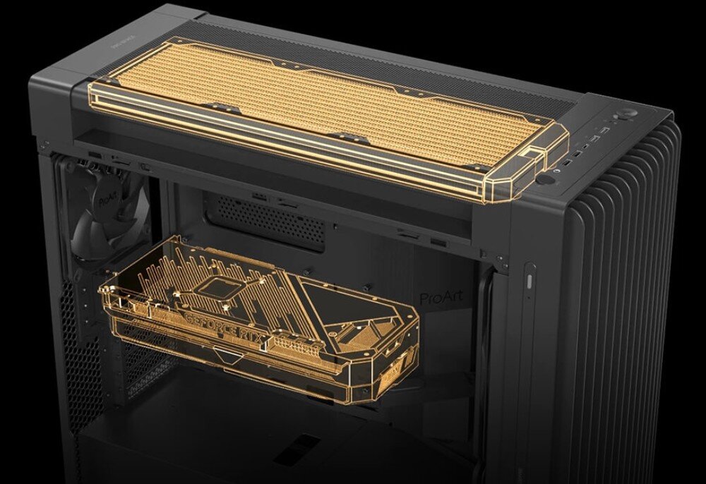 Obudowa ASUS ProArt PA602 Wood Edition Zbliżenie na wnętrze obudowy z przezroczystą siatką pokazującą miejsce na chłodnicę u góry i kartę graficzną zamontowaną poziomo, miejsce, pojemność, podzespoły, kompatybilność