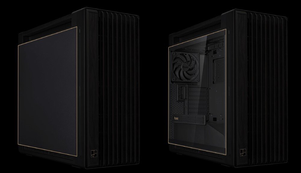 Obudowa ASUS ProArt PA602 Wood Edition Dwa warianty bocznego panelu obudowy – po lewej pełny metalowy, po prawej przezroczysty panel szklany z widocznym wentylatorem, panele boczne, warianty, modele