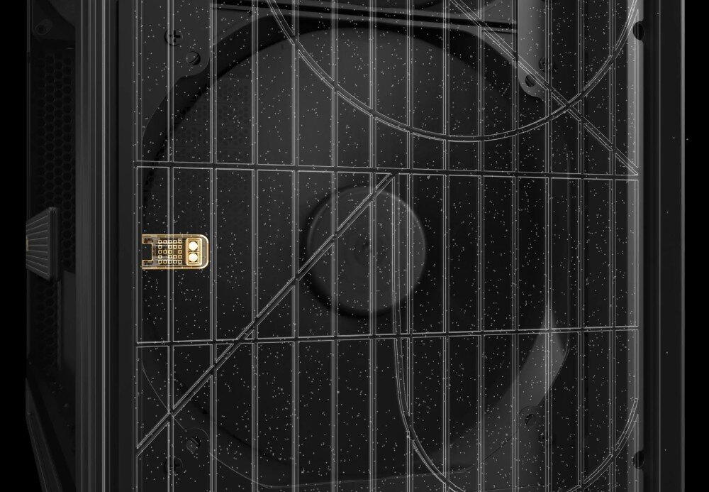 Obudowa ASUS ProArt PA602 Wood Edition Widok na filtr przeciwkurzowy z elektronicznym czujnikiem pyłu zamontowanym na kratce wentylacyjnej, funkcje, kółka, czujnik kurzu, beznarzędziowy zacisk