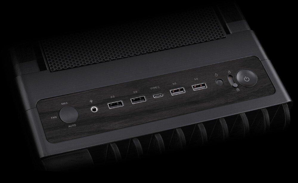 Obudowa ASUS ProArt PA602 Wood Edition Panel górny z przyciskami i portami – widoczne gniazda USB, pokrętło do regulacji wentylatorów, przycisk zasilania i zabezpieczenie, port USB-C, złącza, gniazda, przycisk zasilania