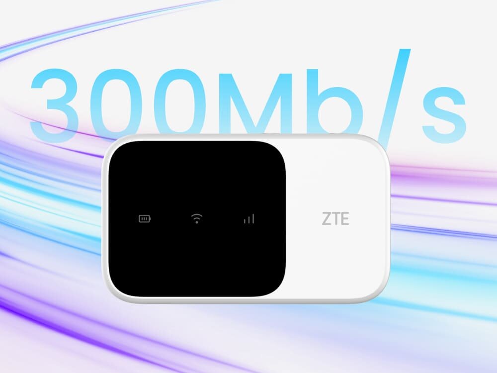 Router ZTE MF986C 4G LTE Przenośny router Wi-Fi ZTE na dynamicznym, kolorowym tle. Widoczny napis „300 Mb/s” symbolizuje szybki internet LTE i sprawną pracę urządzenia zarówno w domu, jak i w podróży