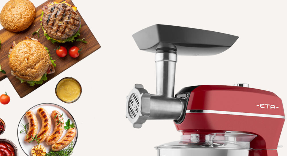 Robot kuchenny planetarny ETA Gratus Storio II 204390020 1200W z maszynką do mięsa Czerwony jasne tło czerwony robot maszynka do mięsa pokrętło kiełbaski hamburgery moc 1200 W pojemna 5 litrowa misa solidna metalowa obudowa planetarny system mieszania optymalne łączenie składników praktyczne wsparcie w kuchni 