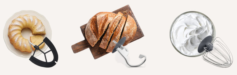 Robot kuchenny planetarny ETA Gratus Storio II 204390020 1200W z maszynką do mięsa Czerwony jasne tło różne końcówki babka na talerzu chleb na desce bita śmietana w misce różnorodne akcesoria hak do ugniatania ciasta maszynka do mięsa tworzenie kulinarnych arcydzieł oszczędzanie cennego czasu