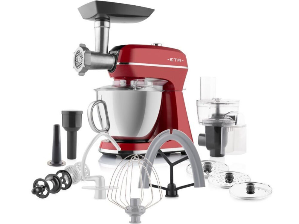 Robot kuchenny planetarny ETA Gratus Storio II 204390020 1200W z maszynką do mięsa Czerwony misa trzepaczka flexi hak do wyrabiania ciasta mieszadło młynek do mięsa młynek ciągły przeźroczysta pokrywka miski 3 tarcze z otworami 2 nasadki do robienia kiełbas nasadka do kebbe przystawka do ciastek dokumentacja białe tło 
