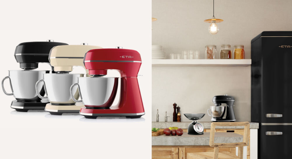 Robot kuchenny planetarny ETA Gratus Storio II 204390030 1200W z maszynką do mięsa Czarny jasne tło czerwony beżowy i czarny robot czarny robot stoi na blacie srebrne misa z uchwytem srebrne elementy  maszynka do mięsa pokrętło kiełbaski hamburgery moc 1200 W pojemna 5 litrowa misa solidna metalowa obudowa planetarny system mieszania optymalne łączenie składników praktyczne wsparcie w kuchni 