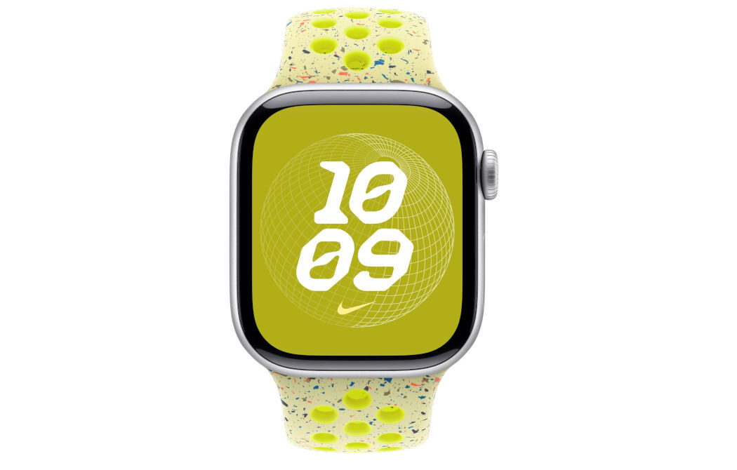 Pasek do Apple Watch Nike (38/40/41mm) M/L Promienny zielonożółty wytrzymały miękki przewiewny specjalnie wytłoczone otwory gładki materiał matowe wykończnie 
					aluminiowego zapięcia