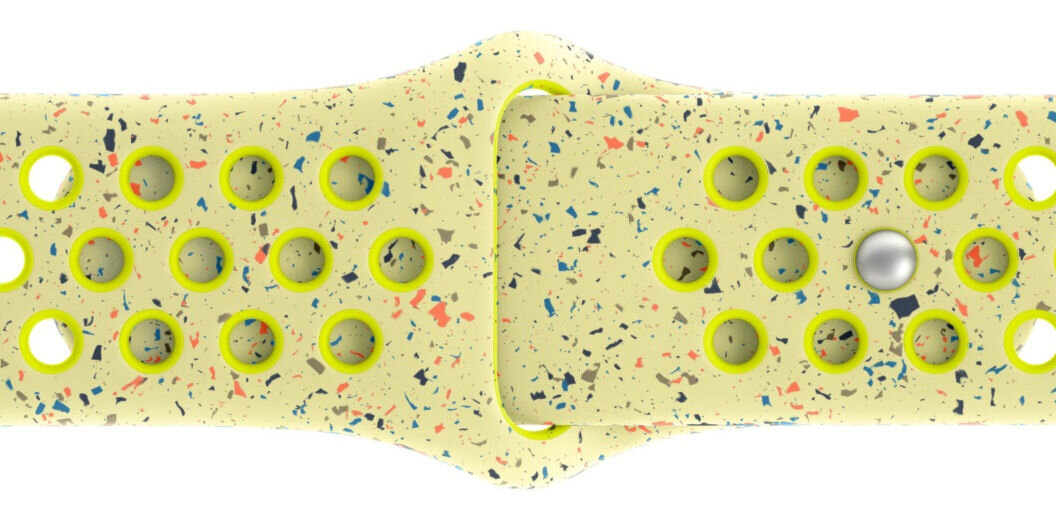 Pasek do Apple Watch Nike (38/40/41mm) M/L Promienny zielonożółty wzór z losowo ułożonych kolorowych płatków wykonany z co najmniej 30% fluoroelastomeru z recyklingu