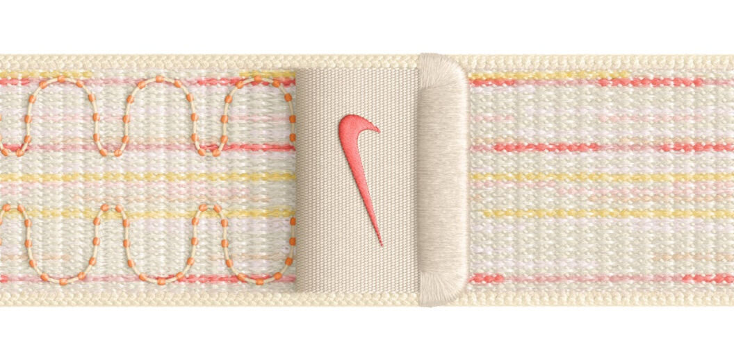 Pasek do Apple Watch Nike (38/40/41mm) Księżycowa poświata/różowy opaska zawiera co najmniej 68% przędzy pochodzącej z poprzednich sezonów lekka oddychająca miękka z odważnym wzorem
					zapięcie na rzep pleciona zakładka logo Nike