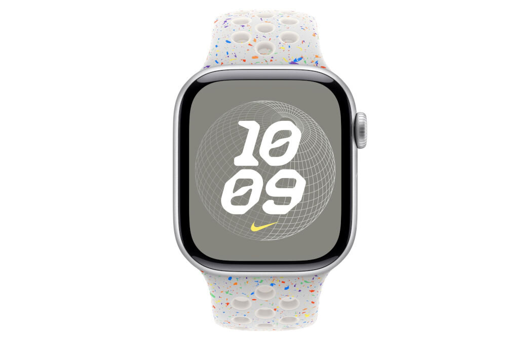 Pasek do Apple Watch Nike (38/40/41mm) M/L Czysta platyna wytrzymały miękki przewiewny specjalnie wytłoczone otwory gładki materiał matowe wykończnie 
					aluminiowego zapięcia