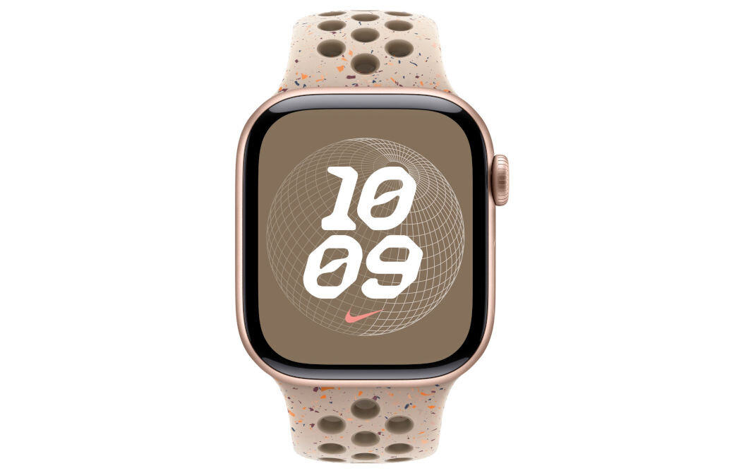 Pasek do Apple Watch Nike (38/40/41mm) S/M Pustynny kamień wytrzymały miękki przewiewny specjalnie wytłoczone otwory gładki materiał matowe wykończnie 
					aluminiowego zapięcia