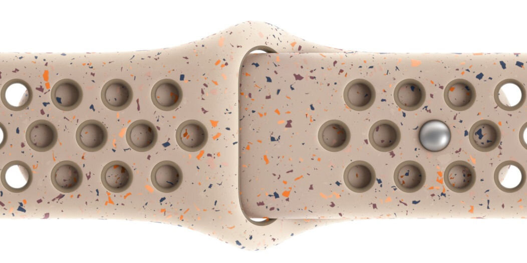 Pasek do Apple Watch Nike (38/40/41mm) M/L Pustynny kamień wzór z losowo ułożonych kolorowych płatków wykonany z co najmniej 30% fluoroelastomeru z recyklingu