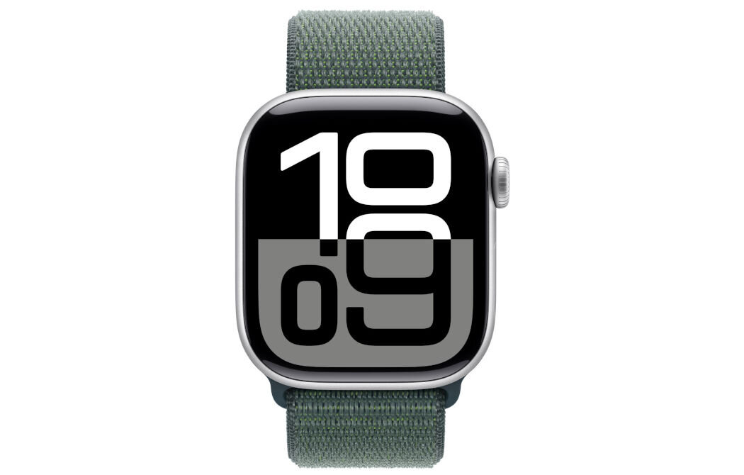 Pasek do Apple Watch (38/40/41/42mm) Górskie jezioro lekki oddychający materiał zapięcie na rzep dwuwarstwowy splot nylonu z gęsto rozmieszczonymi pętelkami zawiera 82% recyklingowanej przędzy, częściowo pochodzącej z porzuconych sieci rybackich