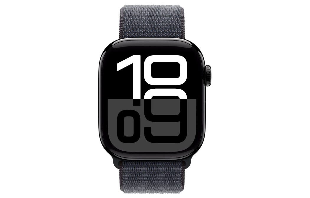 Pasek do Apple Watch (44/45/46/49mm) S/L Atramentowy lekki oddychający materiał zapięcie na rzep dwuwarstwowy splot nylonu z gęsto rozmieszczonymi pętelkami zawiera 82% recyklingowanej przędzy, częściowo pochodzącej z porzuconych sieci rybackich