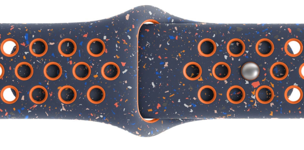 Pasek do Apple Watch Nike (38/40/41mm) M/L Błękitny płomień wzór z losowo ułożonych kolorowych płatków wykonany z co najmniej 30% fluoroelastomeru z recyklingu
