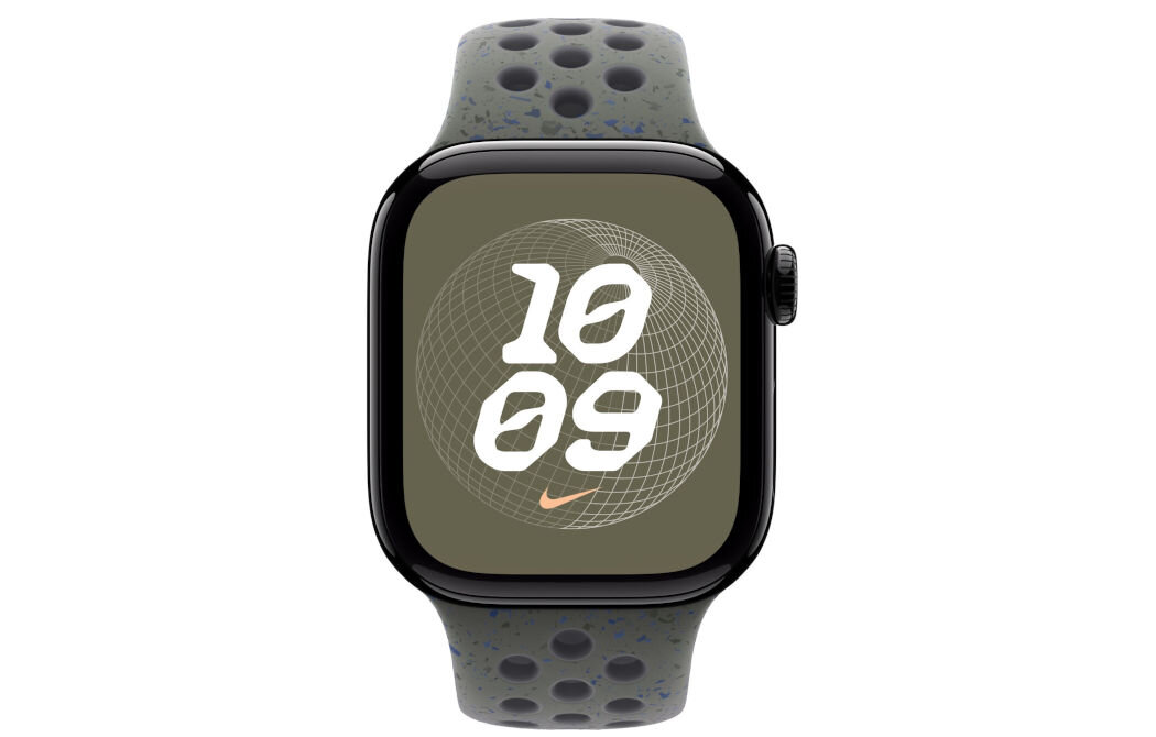 Pasek do Apple Watch Nike (38/40/41mm) S/M Cargo khaki wytrzymały miękki przewiewny specjalnie wytłoczone otwory gładki materiał matowe wykończnie 
					aluminiowego zapięcia