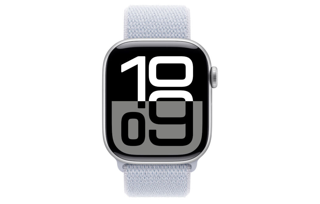 Pasek do Apple Watch (44/45/46/49mm) Błękitny obłok lekki oddychający materiał zapięcie na rzep dwuwarstwowy splot nylonu z gęsto rozmieszczonymi pętelkami zawiera 82% recyklingowanej przędzy, częściowo pochodzącej z porzuconych sieci rybackich