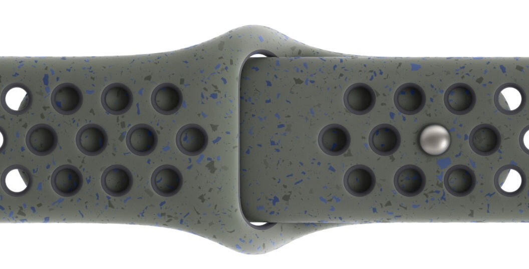 Pasek do Apple Watch Nike (38/40/41mm) M/L Cargo khaki wzór z losowo ułożonych kolorowych płatków wykonany z co najmniej 30% fluoroelastomeru z recyklingu