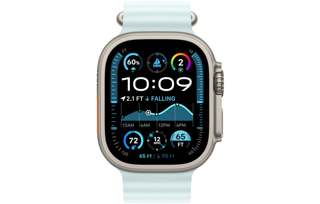 Pasek do Apple Watch (44/45/46/49mm) Mroźny błękit (Tytan naturalny) wytrzymały elastomer o strukturze rurkowej odporne na korozję sprzączka i regulowana szlufka z tytanu