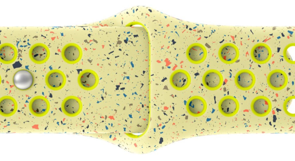Pasek do Apple Watch Nike (44/45/46/49mm) M/L Promienny zielonożółty wzór z losowo ułożonych kolorowych płatków wykonany z co najmniej 30% fluoroelastomeru z recyklingu