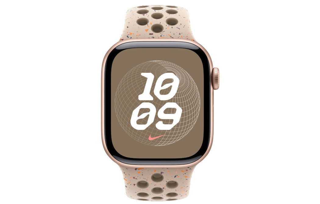Pasek do Apple Watch Nike wytrzymały miękki przewiewny specjalnie wytłoczone otwory gładki materiał matowe wykończnie 
					aluminiowego zapięcia