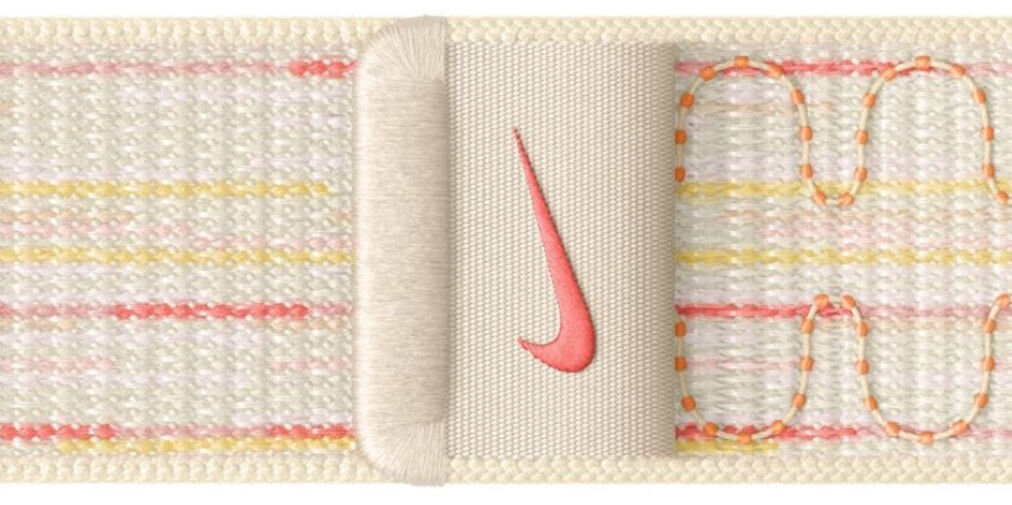 Pasek do Apple Watch Nike (38/40/41/42mm) Księżycowa poświata/różowy opaska zawiera co najmniej 68% przędzy pochodzącej z poprzednich sezonów lekka oddychająca miękka z odważnym wzorem
zapięcie na rzep pleciona zakładka logo Nike