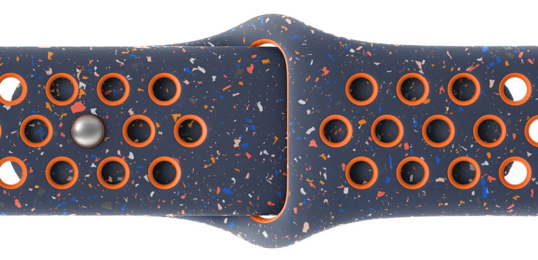 Pasek do Apple Watch Nike wzór z losowo ułożonych kolorowych płatków wykonany z co najmniej 30% fluoroelastomeru z recyklingu