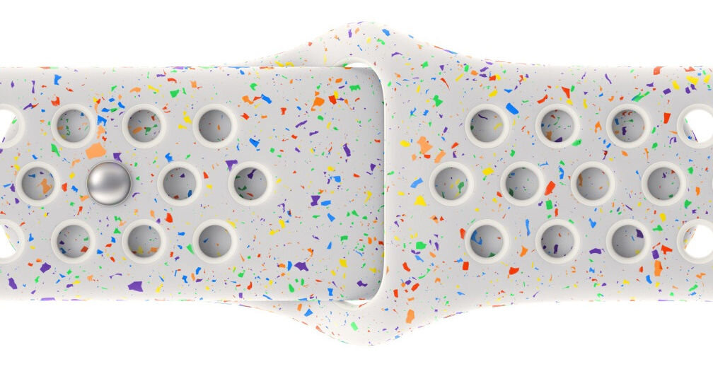 Pasek do Apple Watch Nike (38/40/41/42mm) S/M Czysta platyna wzór z losowo ułożonych kolorowych płatków wykonany z co najmniej 30% fluoroelastomeru z recyklingu