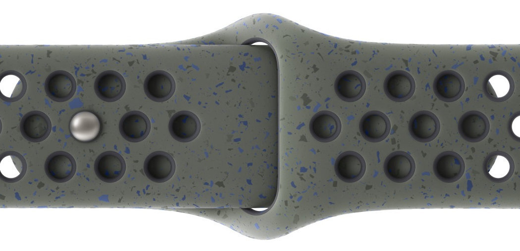 Pasek do Apple Watch Nike wzór z losowo ułożonych kolorowych płatków wykonany z co najmniej 30% fluoroelastomeru z recyklingu