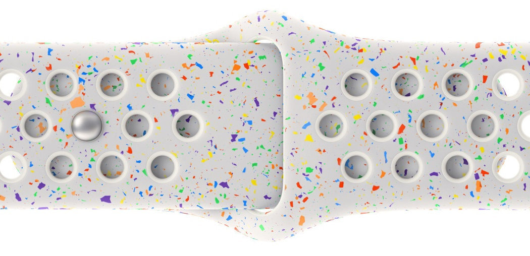 Pasek do Apple Watch Nike wzór z losowo ułożonych kolorowych płatków wykonany z co najmniej 30% fluoroelastomeru z recyklingu