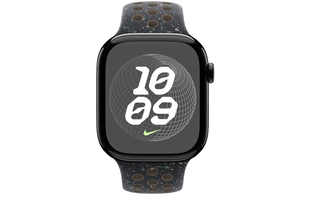 Pasek do Apple Watch Nike wytrzymały miękki przewiewny specjalnie wytłoczone otwory gładki materiał matowe wykończnie 
					aluminiowego zapięcia