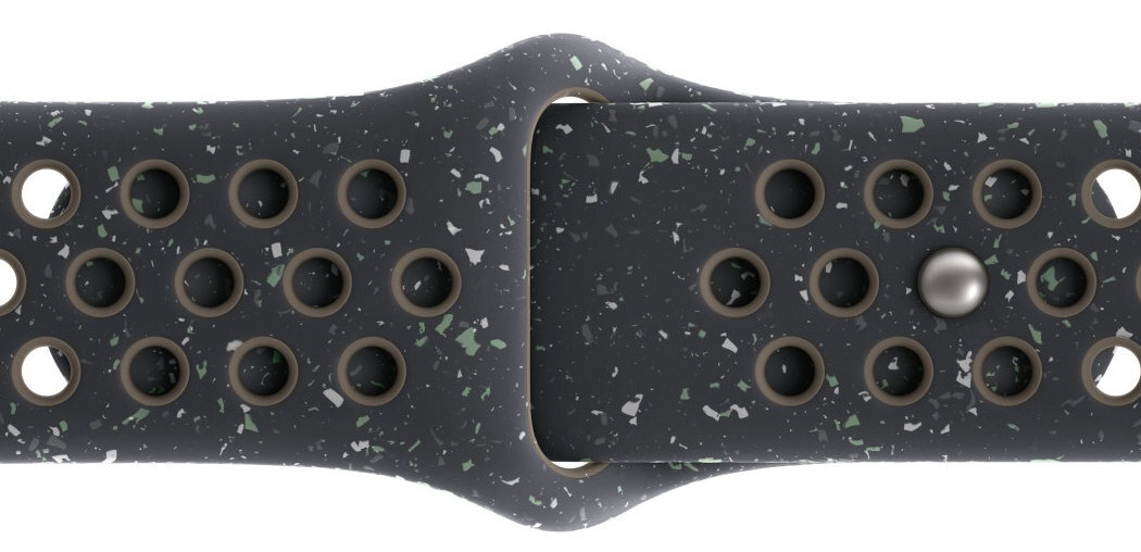 Pasek do Apple Watch Nike wzór z losowo ułożonych kolorowych płatków wykonany z co najmniej 30% fluoroelastomeru z recyklingu