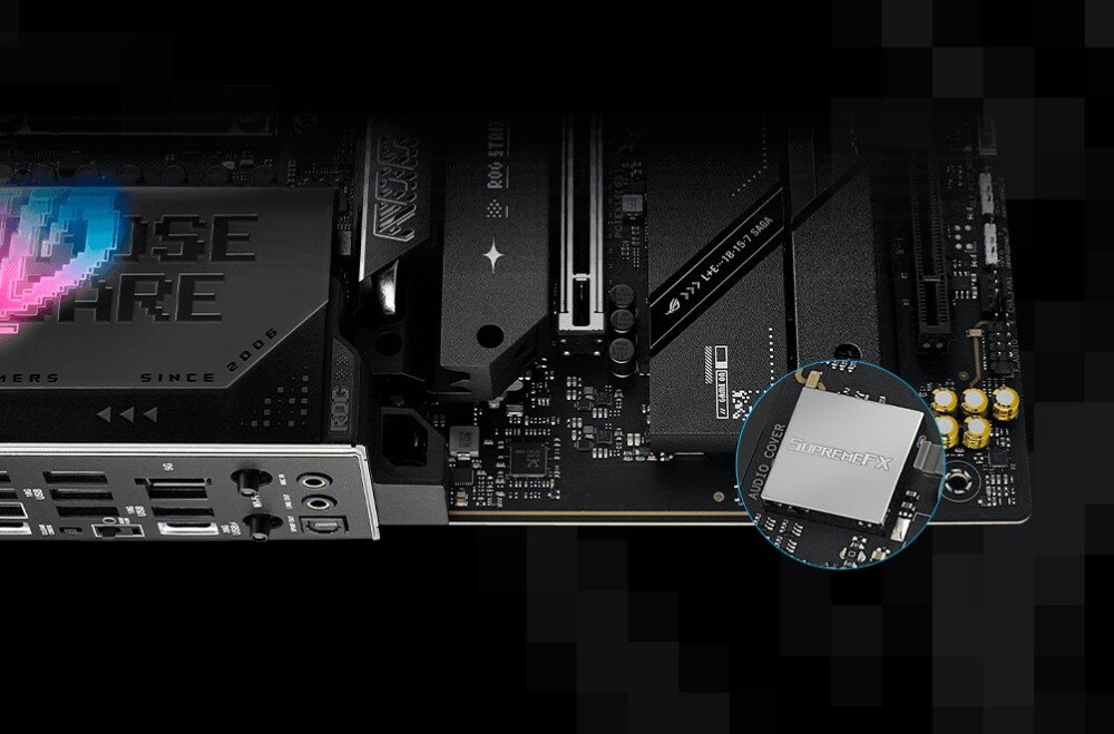 Płyta główna ASUS ROG Strix X870E-E Gaming WiFi Fragment płyty głównej z zaznaczonym układem dźwiękowym SupremeFX oraz widocznymi elementami tylnego panelu, dźwięk, kodek audio, rozdzielczość, wzmacniacz