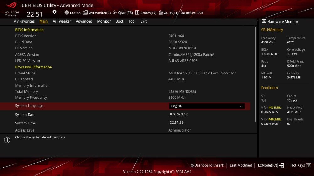 Płyta główna ASUS ROG Strix X870E-E Gaming WiFi Ekran BIOS w trybie zaawansowanym z informacjami o procesorze, wersji BIOS, taktowaniu pamięci i systemowych parametrach sprzętowych, bios, uefi, konfiguracja