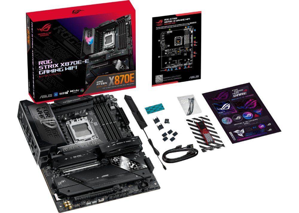 Płyta główna ASUS ROG Strix X870E-E Gaming WiFi Zestaw produktu z pudełkiem, płytą główną, akcesoriami instalacyjnymi, anteną Wi-Fi, kablami, instrukcjami i naklejkami