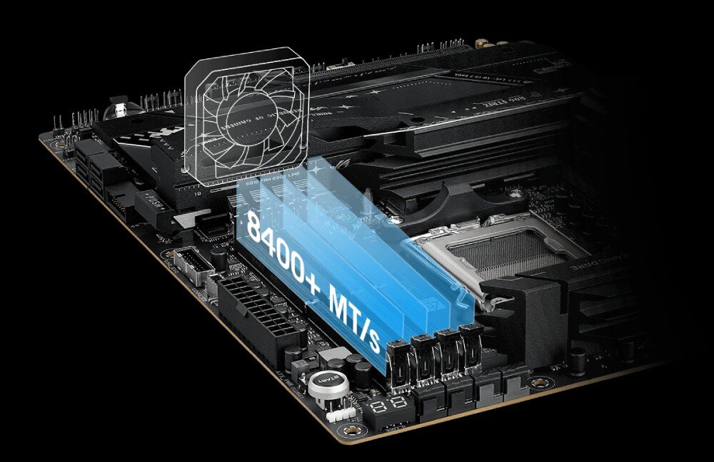 Płyta główna ASUS ROG Strix X870E-E Gaming WiFi Fragment płyty głównej z wizualizacją czterech modułów pamięci DDR5 o taktowaniu powyżej 8400 MT/s, pamięć DDR5, taktowanie, technologie