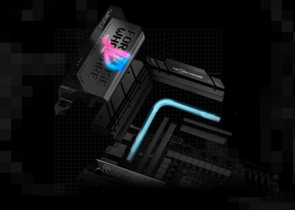 Płyta główna ASUS ROG Strix X870E-E Gaming WiFi Wizualizacja systemu chłodzenia płyty głównej z podświetloną rurką cieplną i oddzielonymi elementami, chłodzenie, radiatory, złącza wentylatorów