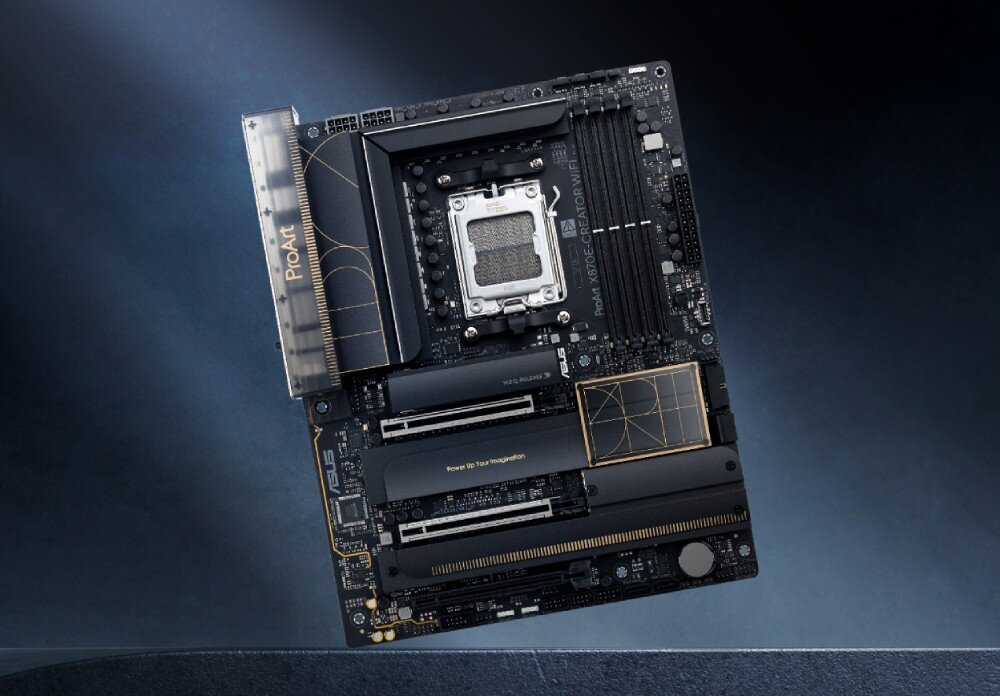 Płyta główna ASUS ProArt X870E-Creator WiFi Płyta główna w ciemnym tle z widocznymi slotami, gniazdem procesora i oznaczeniami 'ProArt' oraz 'X670E-CREATOR WIFI', opis