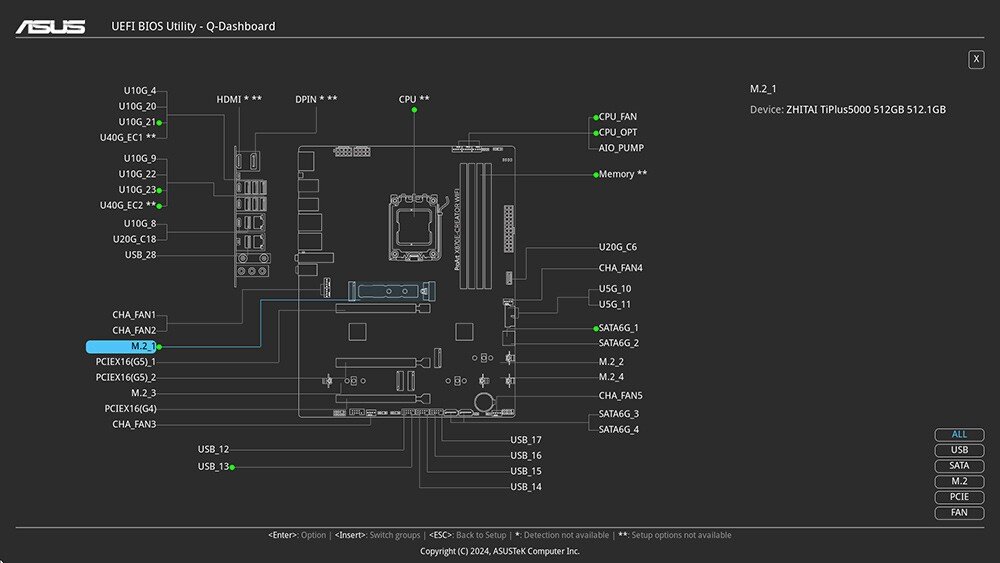 Płyta główna ASUS ProArt X870E-Creator WiFi Schemat płyty głównej w interfejsie BIOS z zaznaczonymi złączami, gniazdami i oznaczeniem podłączonego dysku M.2, BIOS UEFI, sterowniki, aktualizacja