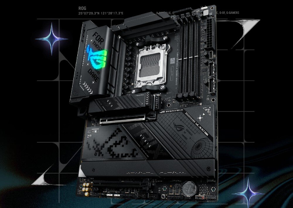 Płyta główna ASUS ROG Strix X870-F Gaming WiFi Czarna płyta główna z dużym radiatorem, podświetlanym logo i gniazdem procesora na środku, opis
